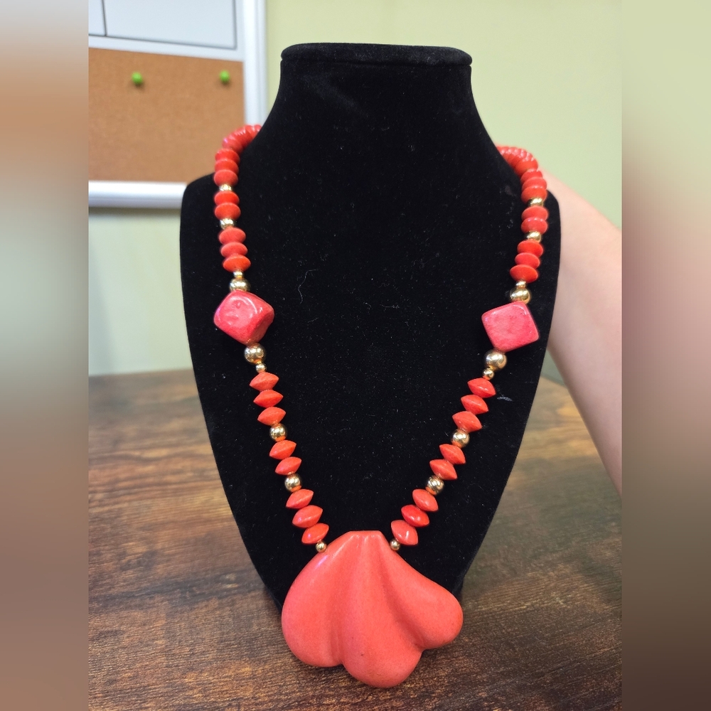Vintage Karla Jordan Coral Limestone Necklace with Gold Overlay Beads